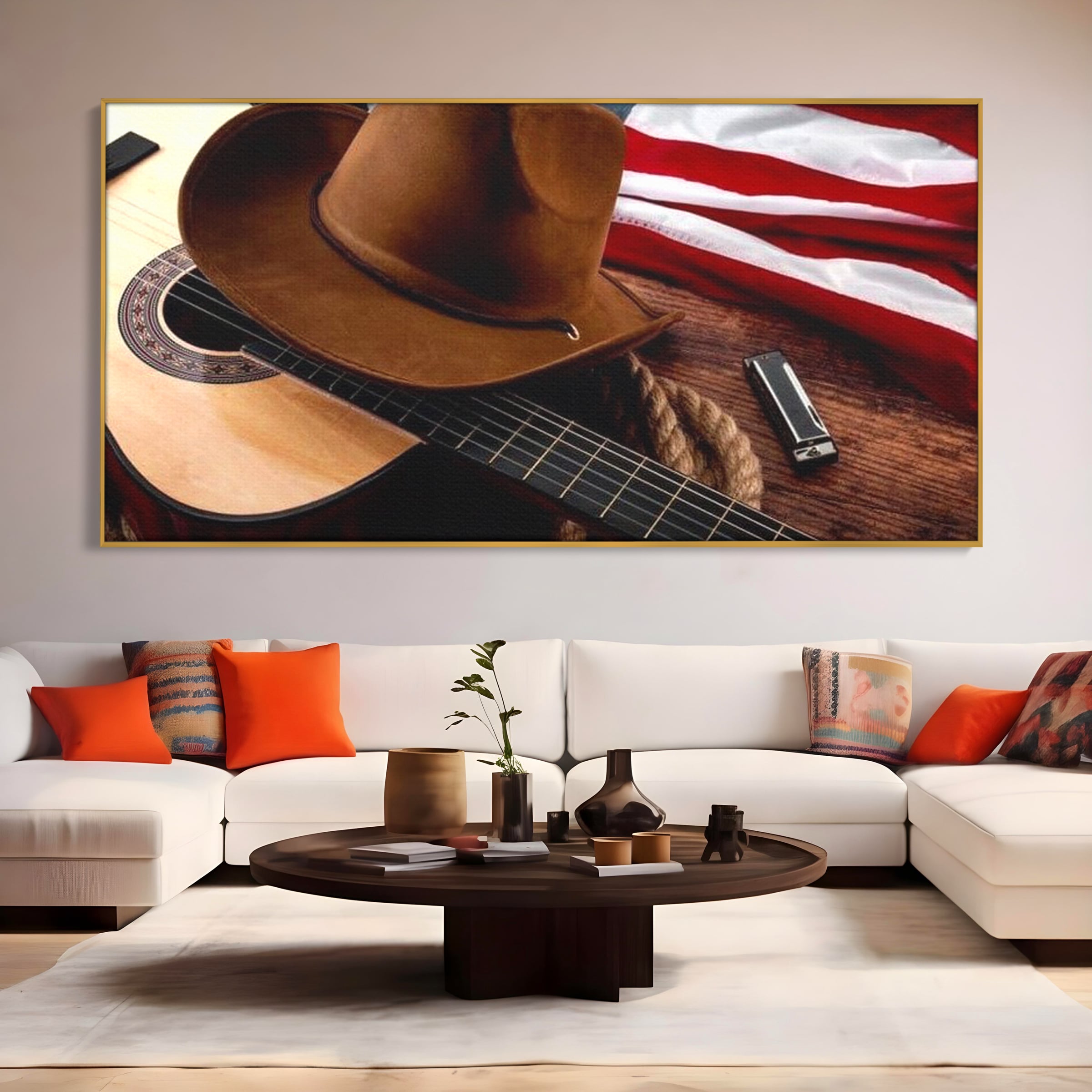 Tablou canvas cu tablou canvas cu palarie, chitara si drapel american, in rama de aluminiu auriu, pe perete intr-un living